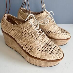Schutz Platform Loafer wedge Size 8.5 tan Bordado rattan preppy Coastal